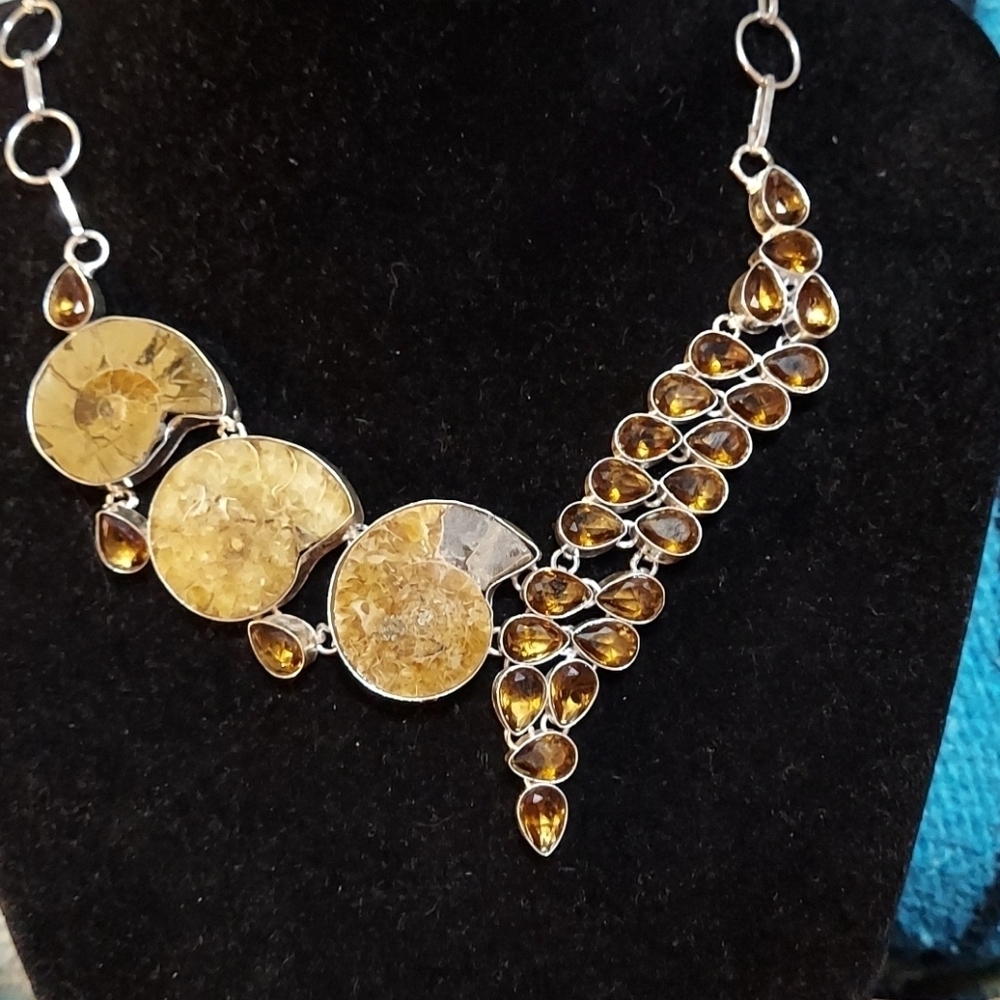 AMMONITE and Smoky Topaz Sterling Silver Necklace